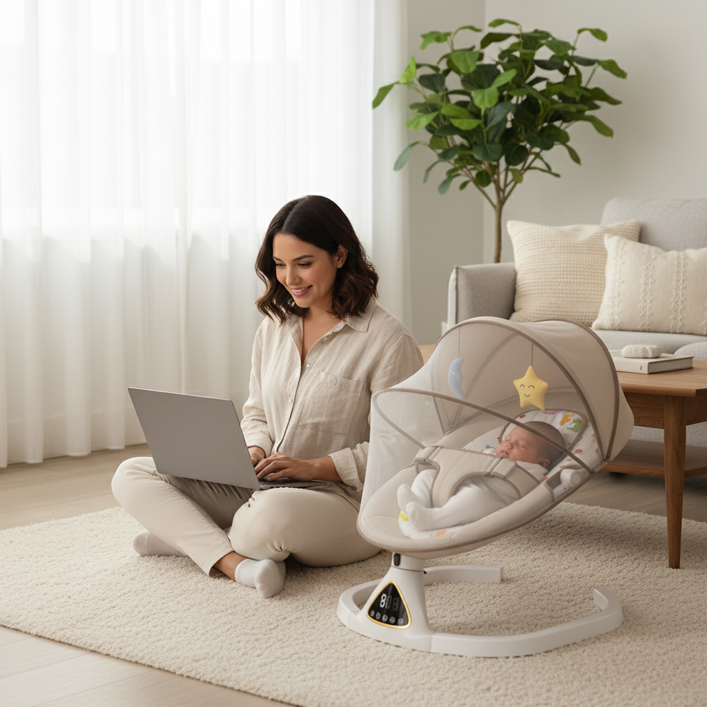 Transat bébé avec parent travaillant sur ordinateur à côté de son transat bébé