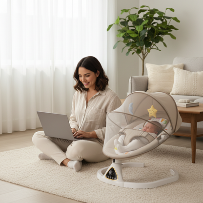 Transat bébé avec parent travaillant sur ordinateur à côté de son transat bébé