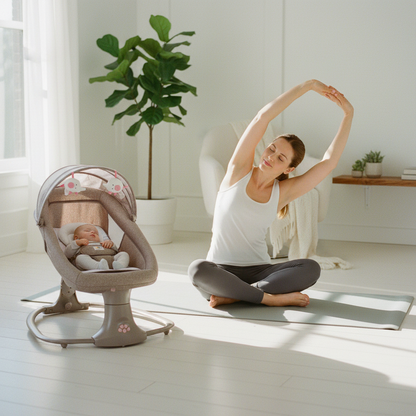 Transat bébé moderne utilisé à la maison dans le salon, tandis qu'une maman fait des étirements et du yoga sur son tapis de sol.