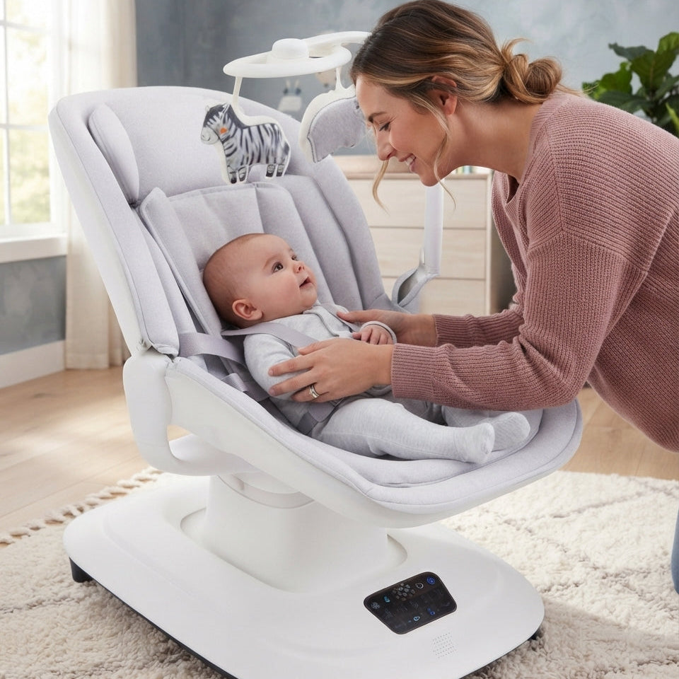 Transat pour bébé automatique moderne avec maman câlinant son enfant.