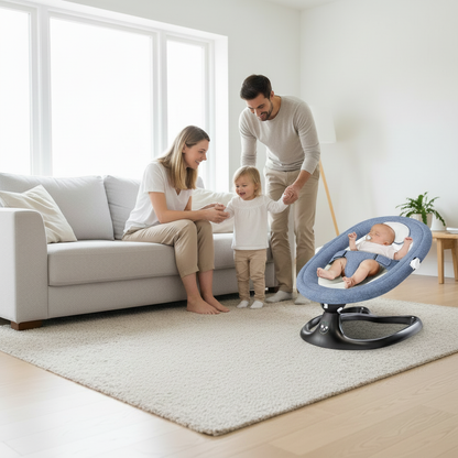 Transat pour bébé intégré dans un cadre de vie familial au milieu du salon avec les parents.