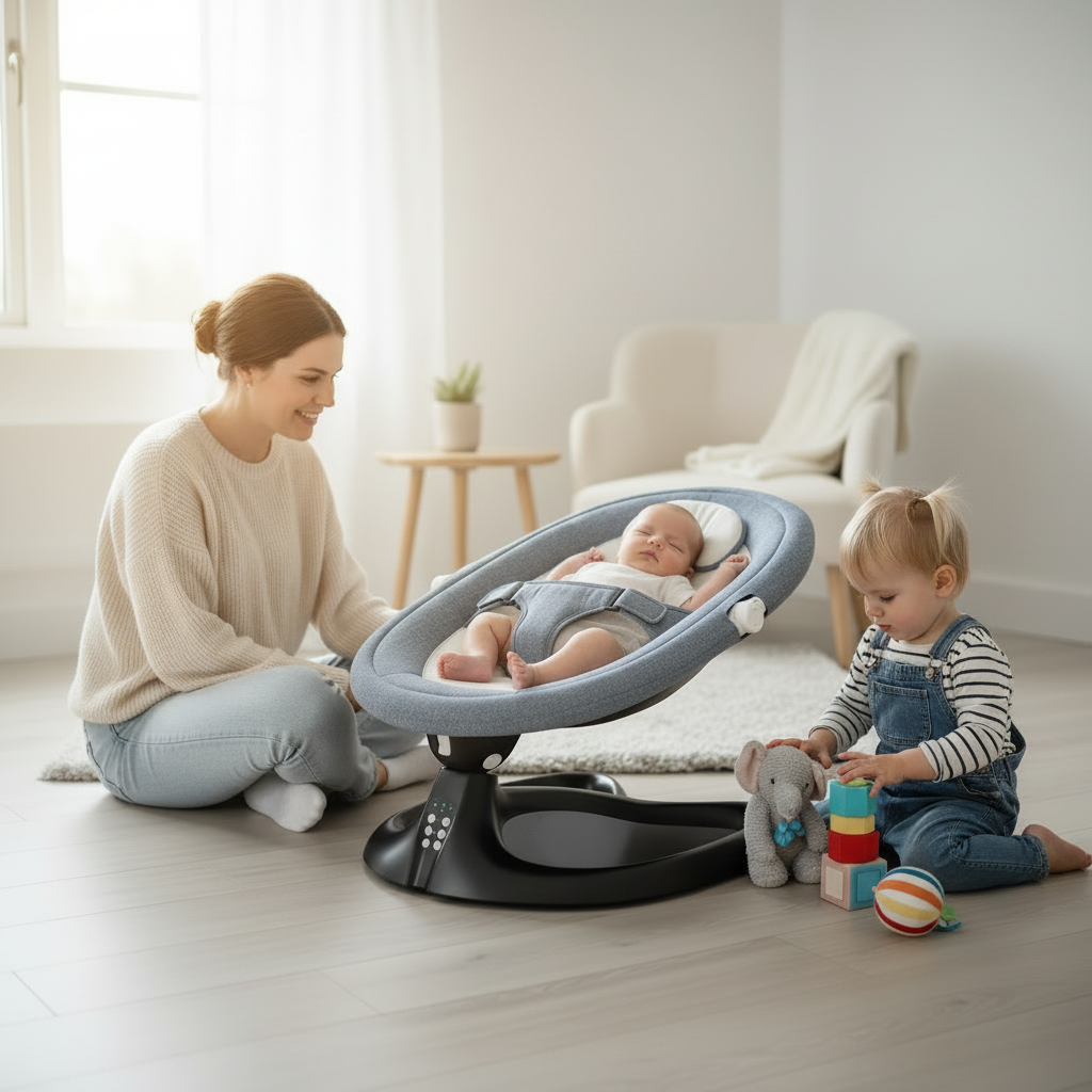 Transat pour bébé installé dans une chambre lumineuse avec un jeune enfant jouant au sol.