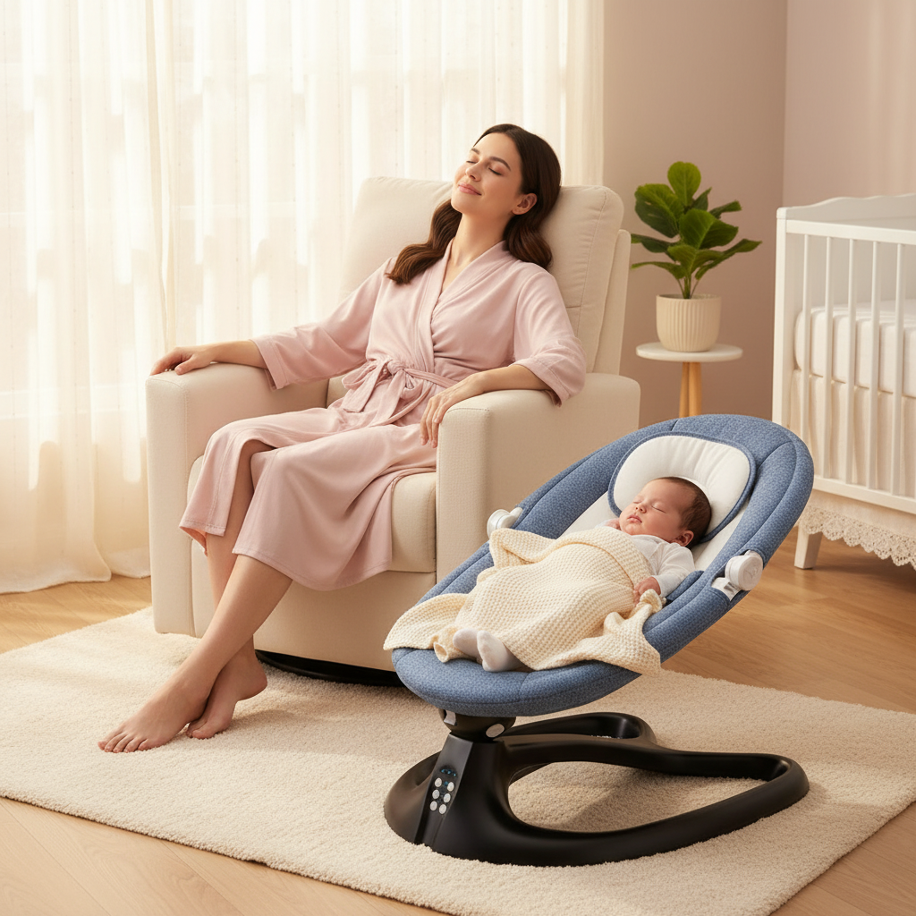 Transat pour bébé disposé près du canapé où une maman se détend paisiblement.