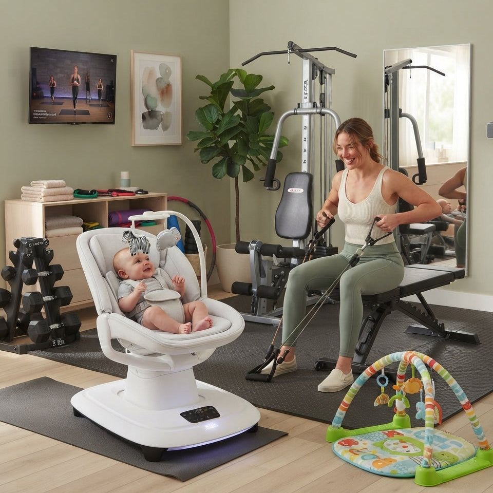 Transat pour bébé connecté pour maman faisant du sport à la maison.