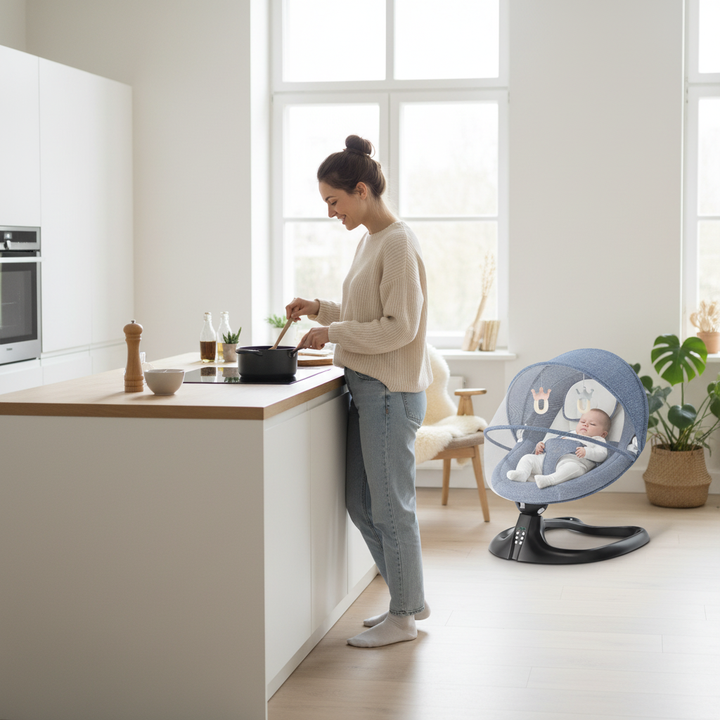 Transat pour bébé installé dans la cuisine permettant de garder un œil sur nouveau-né tout en cuisinant.