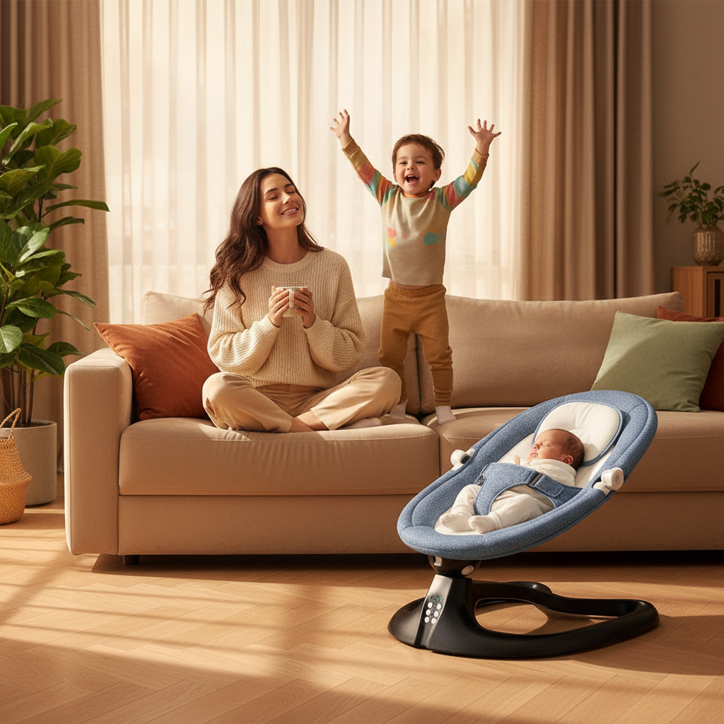 Transat pour bébé confortable utilisé dans le salon pendant qu'une mère joue avec son enfant aîné.