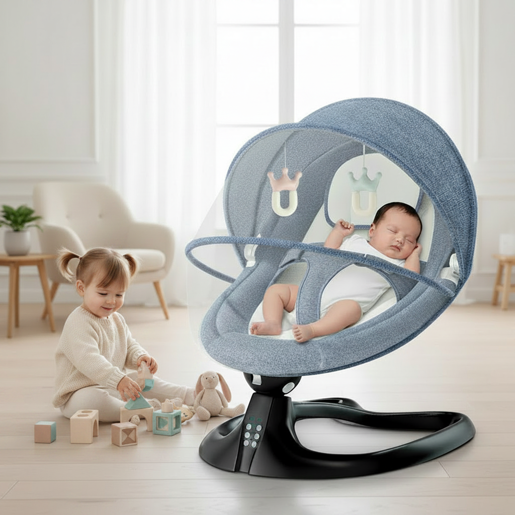 Transat pour bébé électrique de couleur bleue avec moustiquaire intégrée et arche de jeux, installé dans un salon lumineux avec une petite fille jouant à côté.