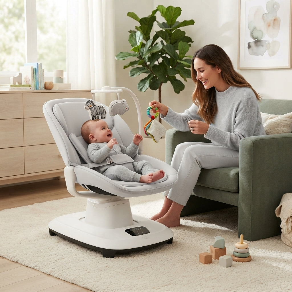 Transat pour bébé évolutif avec maman jouant sur tapis dans salon moderne.