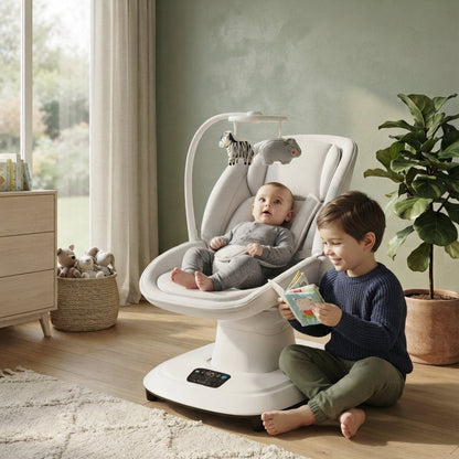 Transat pour bébé utilisé dans la chambre, petit frère qui fait la lecture a bébé.