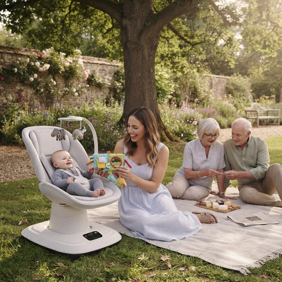Transat pour bébé utilisé lors d'un pique-nique familial en parc ensoleillé.