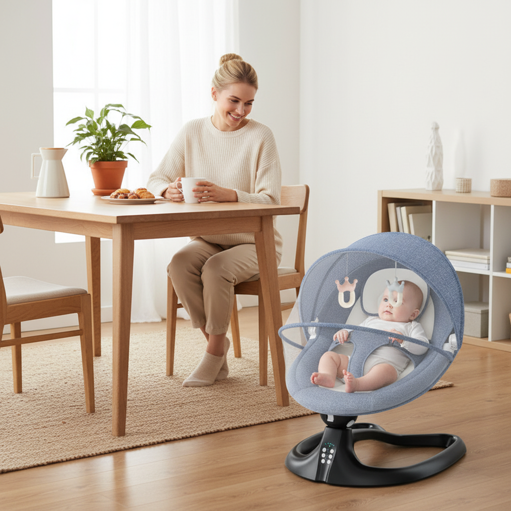Transat pour bébé installé dans la salle à manger à côté de la table lors des moments en famille.
