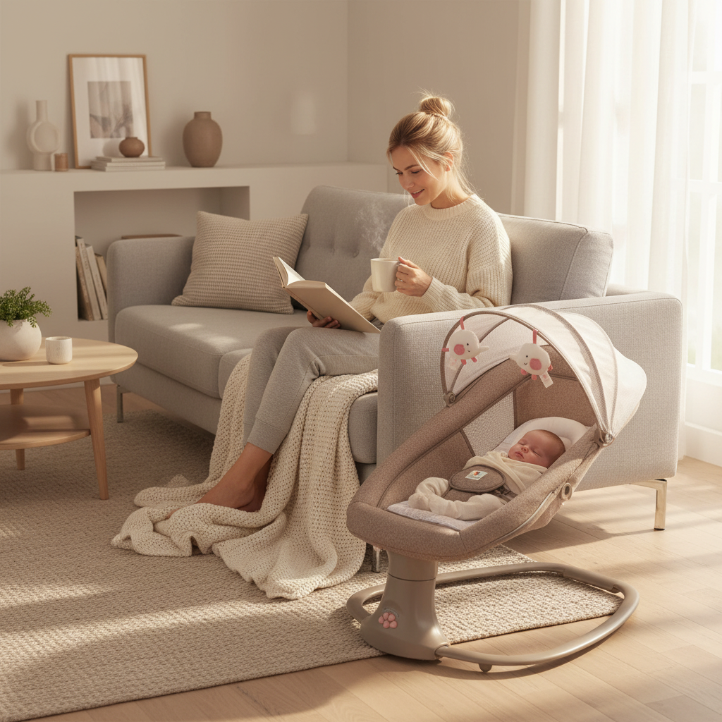 Transat bébé confortable dans un salon cosy, tandis qu'une parente se détend en lisant un livre sur le canapé tout en surveillant l'enfant.