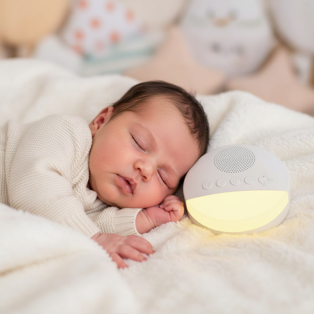 Veilleuse bruit blanc à côté d'un bébé dormant paisiblement en gros plan.