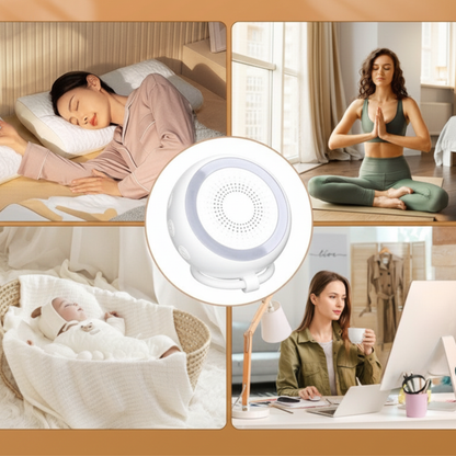 Veilleuse bruit blanc bébé illustrée dans quatre scénarios : sommeil, yoga, bébé et bureau, montrant sa polyvalence.