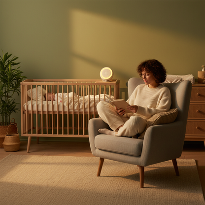 Veilleuse bruit blanc bébé posée sur une table d'appoint dans une chambre d'enfant chaleureuse, près d'un berceau et d'une maman assise.