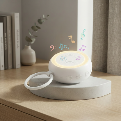 Veilleuse bruit blanc bébé avec une bague de suspension, posée sur une table de nuit en bois avec un livre et une plante.