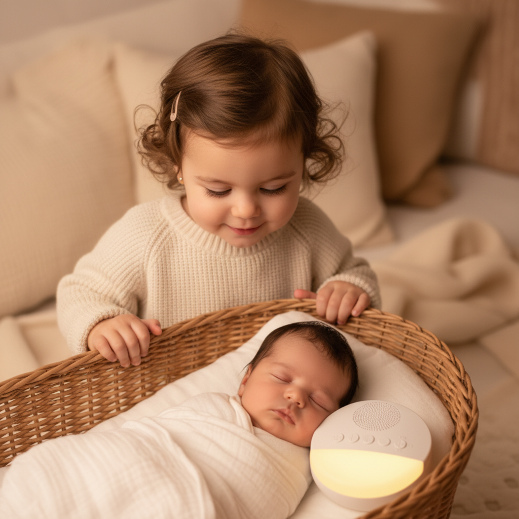 Veilleuse bruit blanc apaisante posée à côté d'un bébé installé dans un couffin en osier.