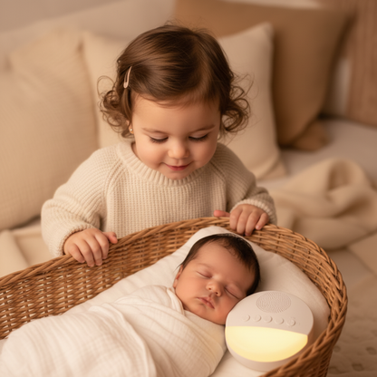 Veilleuse bruit blanc apaisante posée à côté d'un bébé installé dans un couffin en osier.