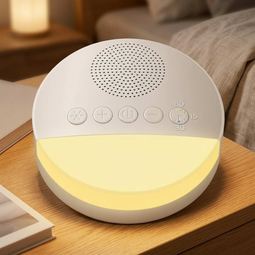 Veilleuse bruit blanc au design nordique minimaliste éclairant une table de nuit.
