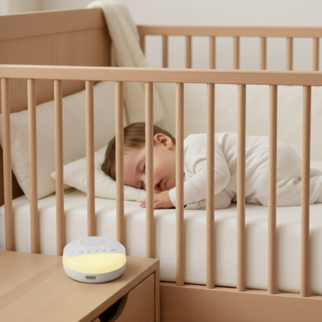 Veilleuse bruit blanc placée dans un lit à barreaux pour le rituel du coucher de bébé.