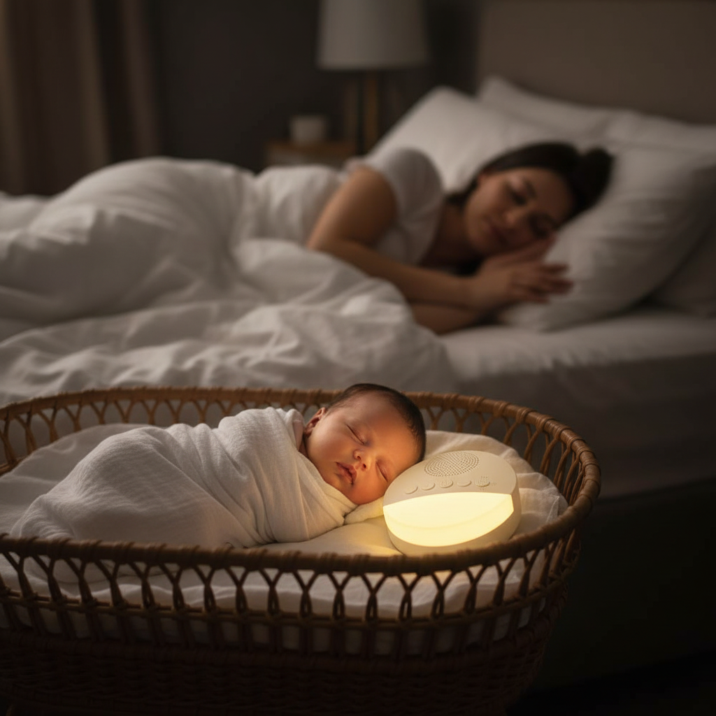 Veilleuse bruit blanc favorisant le sommeil de bébé dans une chambre parentale.