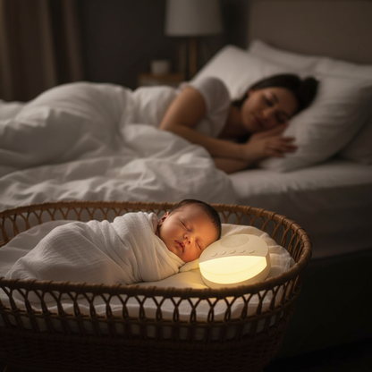 Veilleuse bruit blanc favorisant le sommeil de bébé dans une chambre parentale.