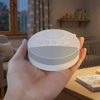 Veilleuse bruit blanc portable et compacte tenue en main pour une utilisation facile.