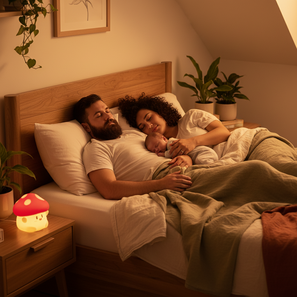 Veilleuse champignon pour le cododo et l'allaitement nocturne, posée près des parents et du nouveau-né.