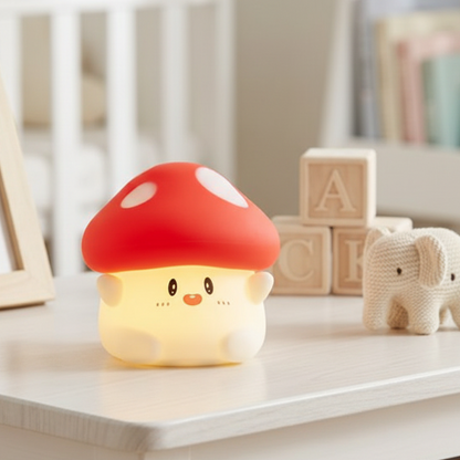 Veilleuse champignon kawai posée sur une commode blanche dans une chambre d'enfant au style épuré.