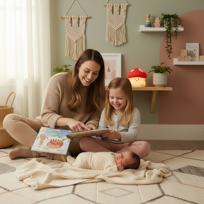 Veilleuse champignon accompagnant un moment de lecture entre une maman et sa fille au pied du lit.