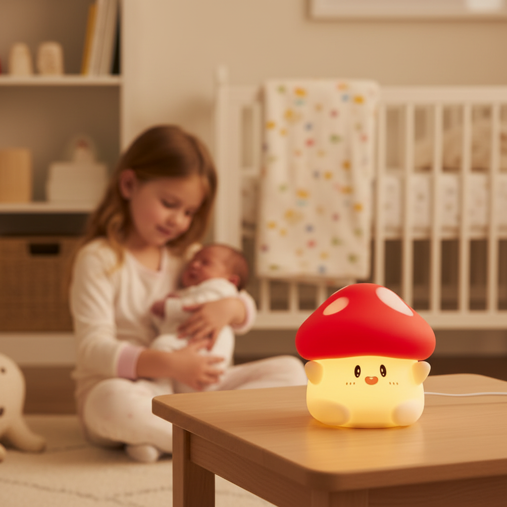 Veilleuse champignon en silicone souple sur une table basse pendant qu'une petite fille câline son doudou.