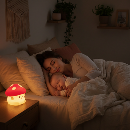 Veilleuse champignon rouge diffusant une lumière apaisante sur une table de chevet près d'une maman et son bébé qui dorment.