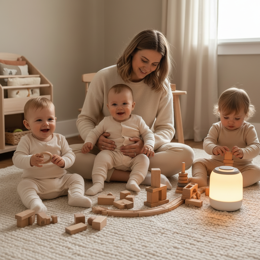 Veilleuse de nuit illuminant doucement un espace de jeu familial.