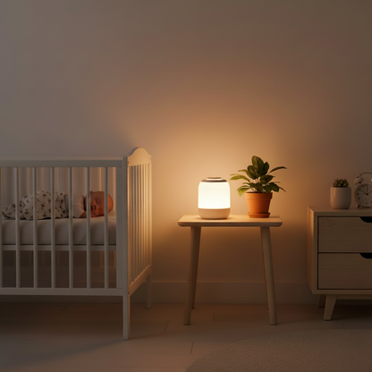 Veilleuse de nuit posée sur une table dans une chambre d'enfant.