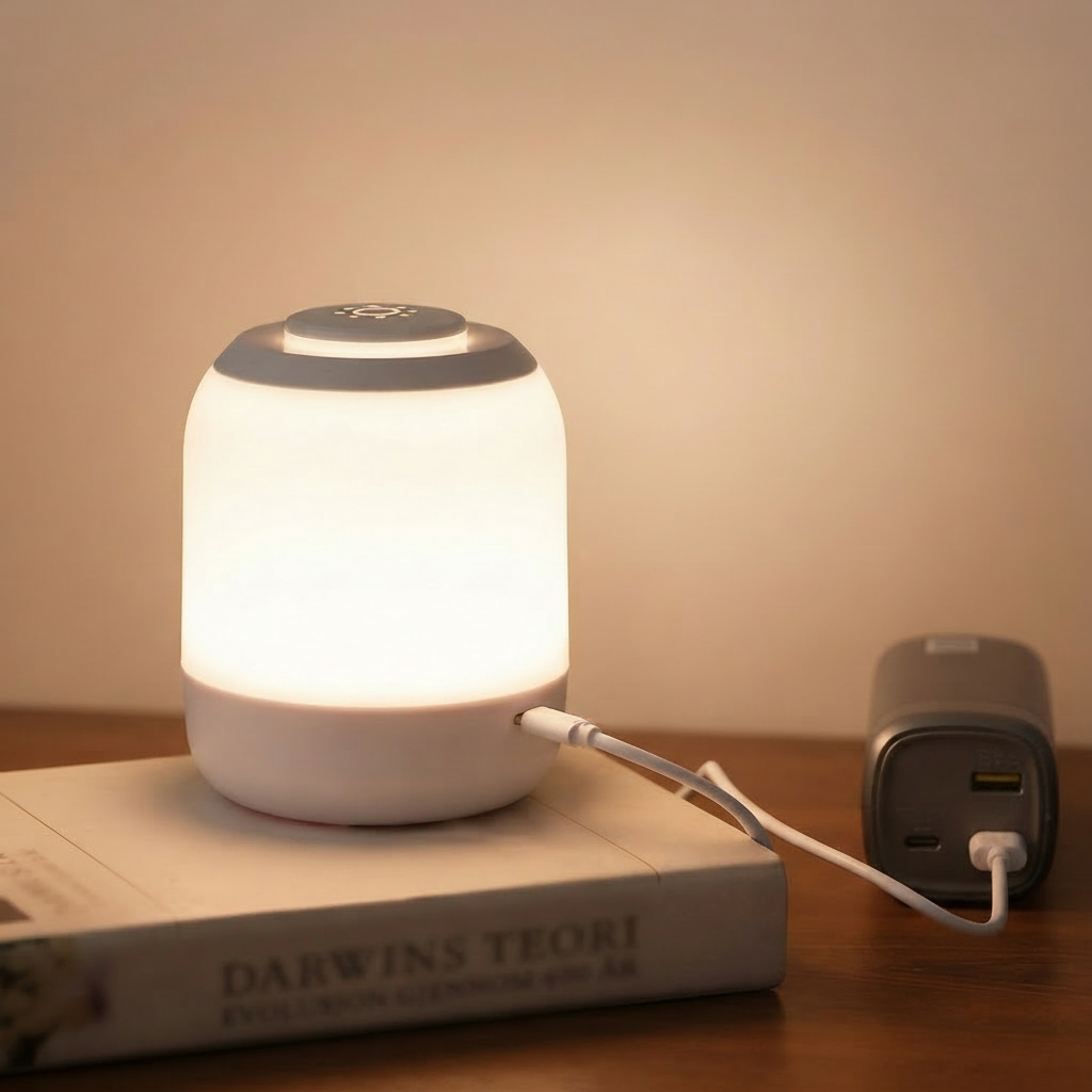 Veilleuse de nuit rechargeable par port USB sur un bureau.