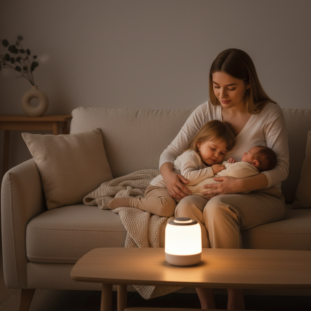 Veilleuse de nuit utilisée par une maman dans le salon avec son bébé.