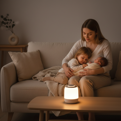 Veilleuse de nuit utilisée par une maman dans le salon avec son bébé.