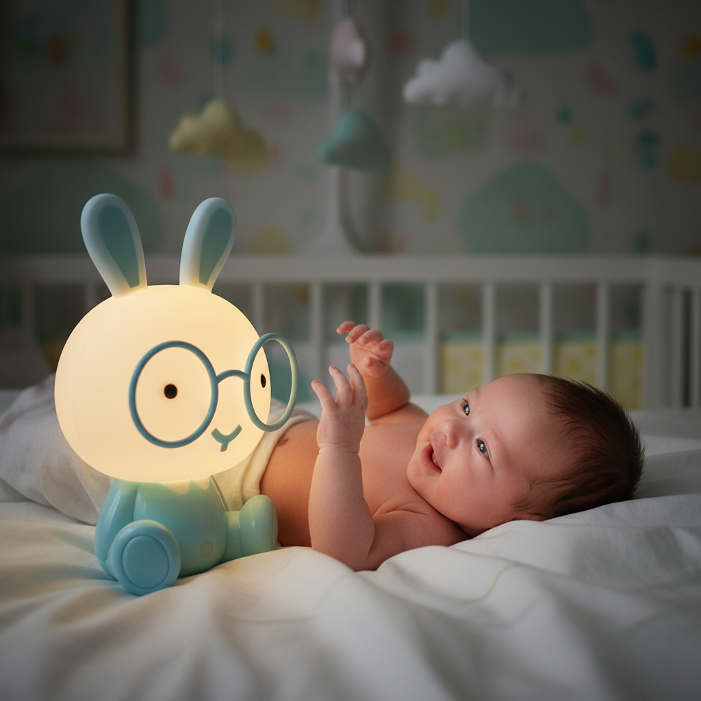 Veilleuse lapin lumineuse posée à côté d'un bébé allongé dans son lit blanc qui la regarde avec curiosité.