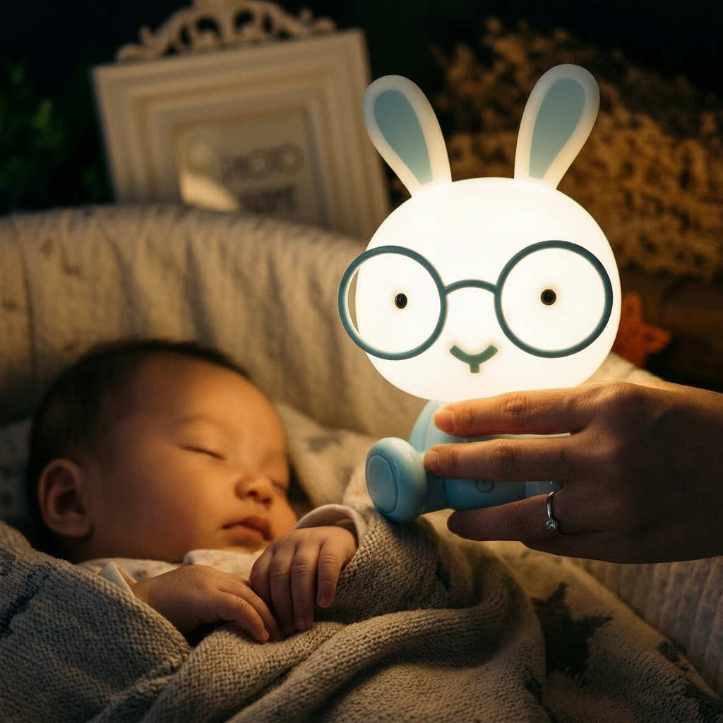 Veilleuse lapin apportant une lumière chaleureuse et rassurante près du visage d'un nouveau-né endormi sous sa couverture.