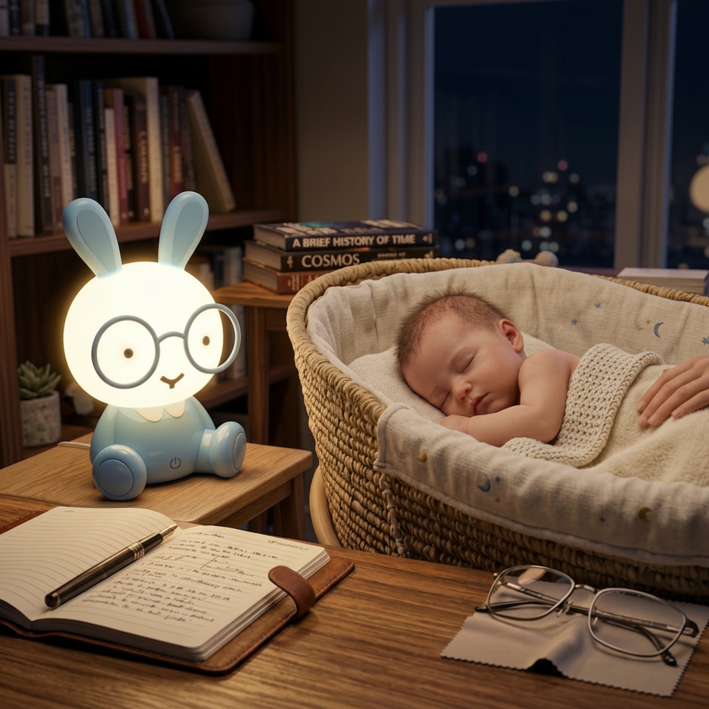 Veilleuse lapin bleue avec lunettes posée sur un bureau en bois à côté d'un bébé qui dort dans son couffin et de sa maman.