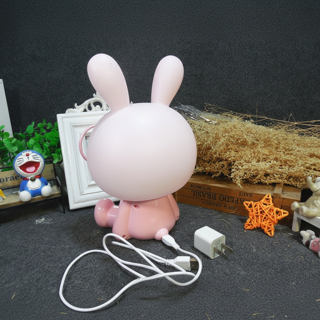 Veilleuse lapin rose vue de dos montrant explicitement le branchement de son câble de recharge USB blanc.
