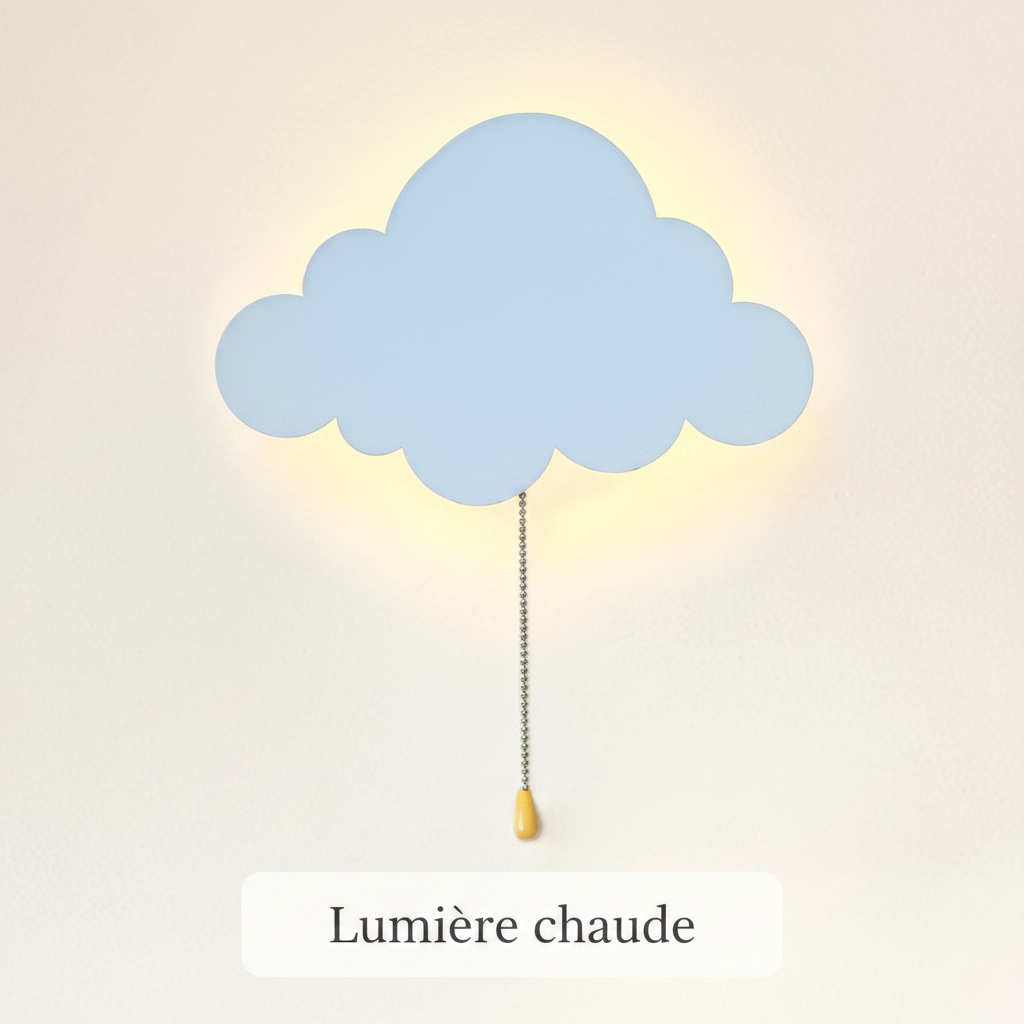 Veilleuse murale nuage réglée sur un mode d'éclairage chaud et relaxant pour la nuit.