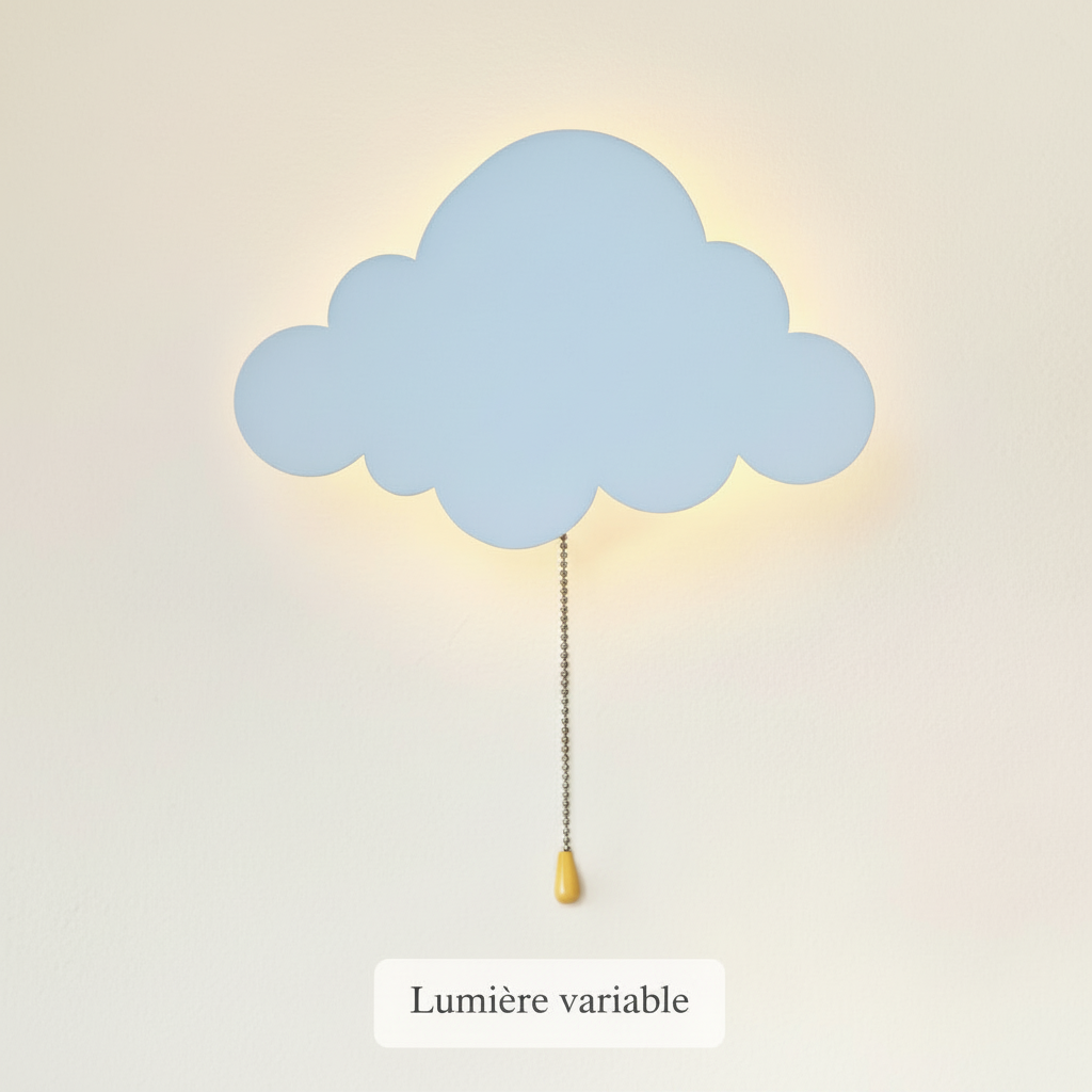 Veilleuse murale nuage avec technologie de lumière variable adaptée aux besoins de l'enfant.