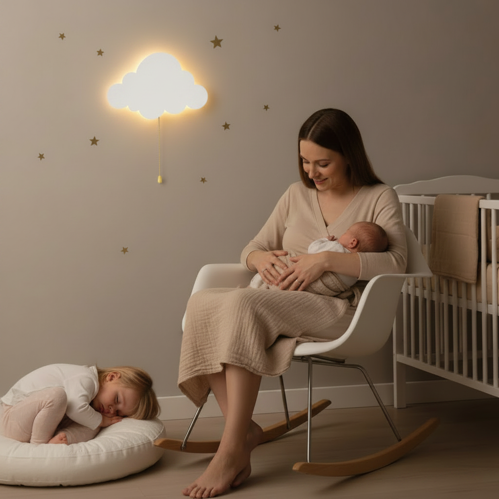 Veilleuse murale nuage parfaite pour les moments calmes, avec une maman berçant son bébé.