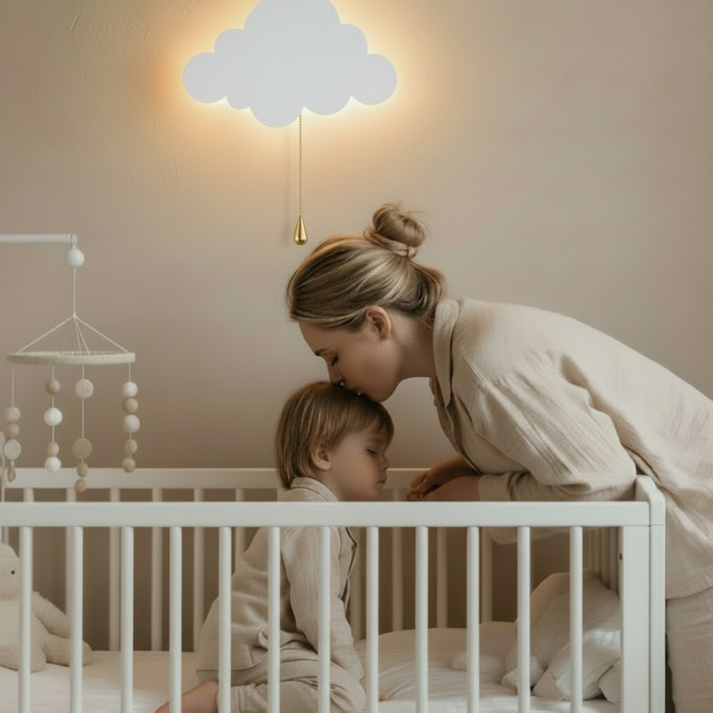Veilleuse murale nuage diffusant une douce lumière pour aider une maman à border son bébé.
