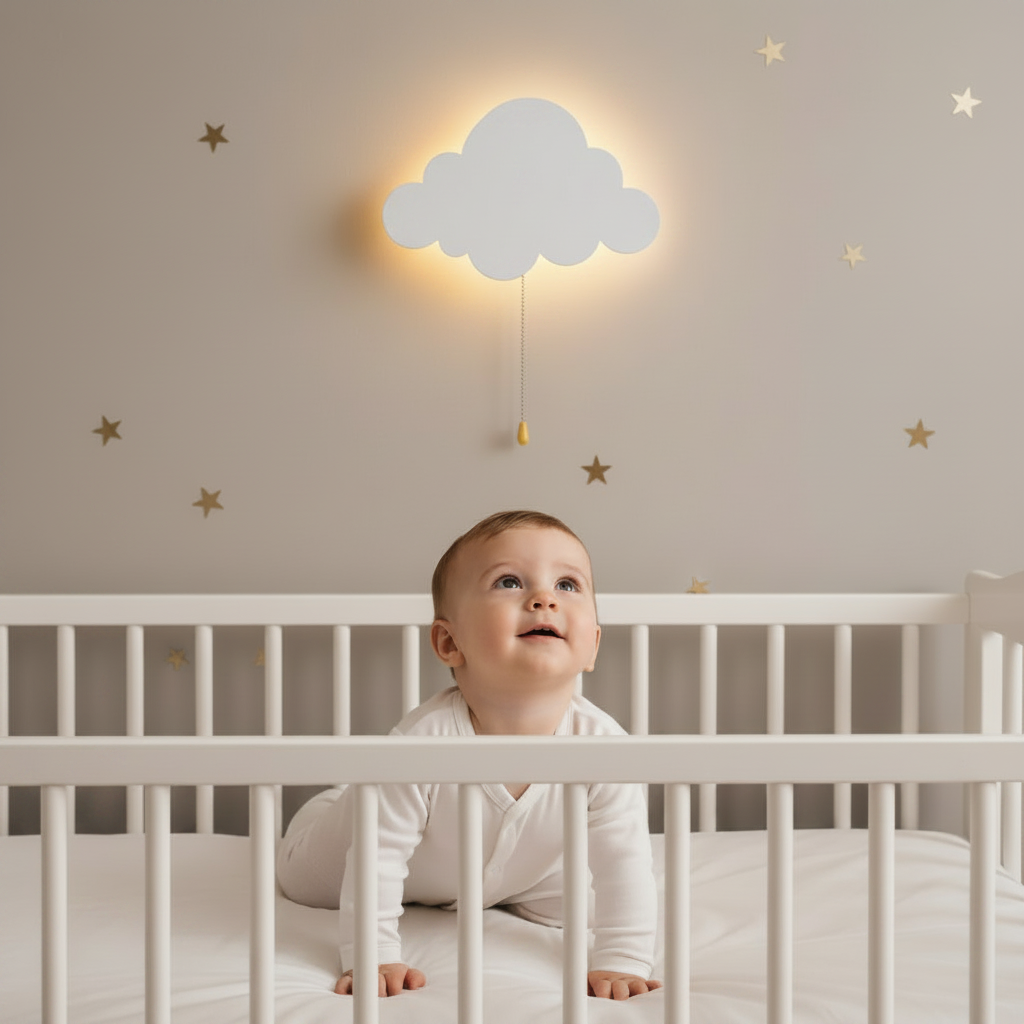 Veilleuse murale nuage décorative au-dessus d'un lit avec un bébé assis en toute sécurité.