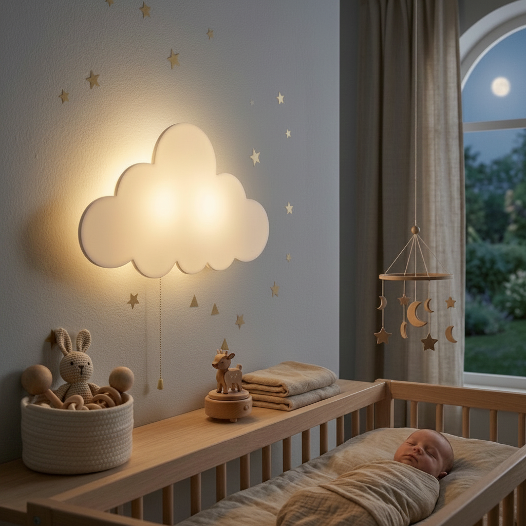 Veilleuse murale nuage pour chambre de bébé, créant un éclairage tamisé pour le coucher.