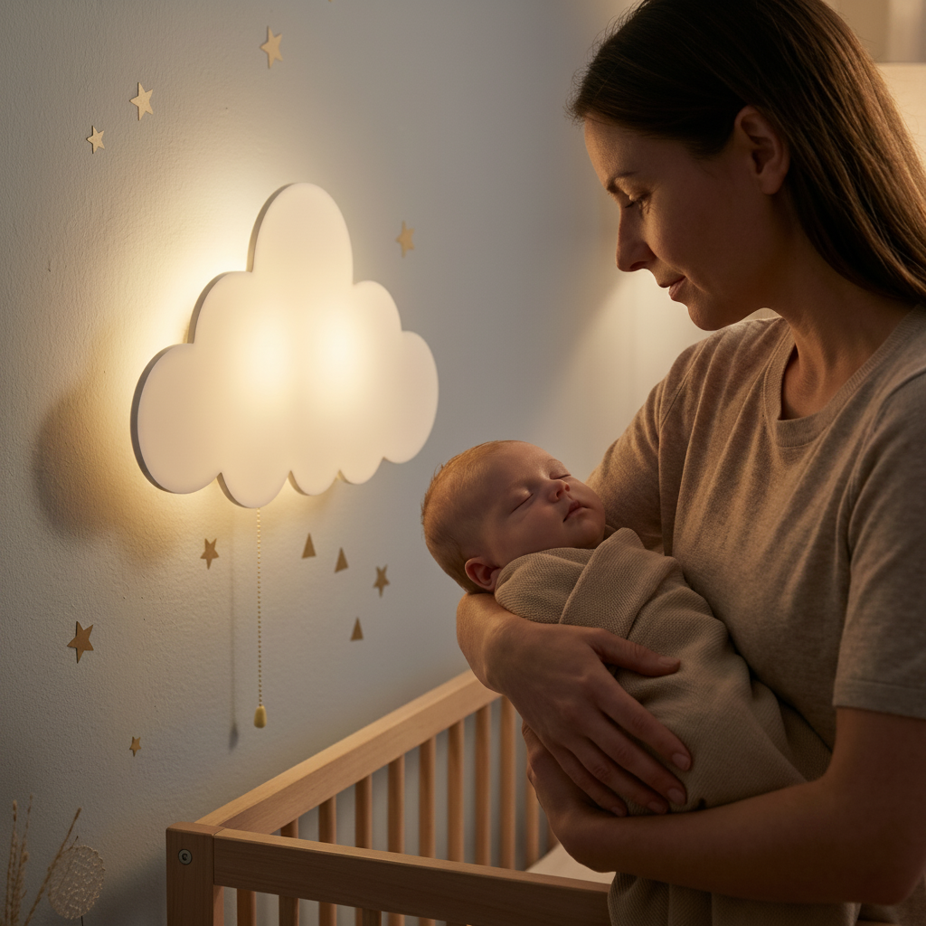 Veilleuse murale nuage créant une atmosphère chaleureuse dans une chambre d'enfant avec maman et bébé.