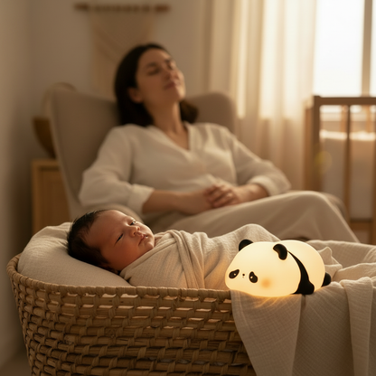Veilleuse panda bébé diffusant une lumière apaisante dans un berceau en osier près d'une maman qui se repose.
