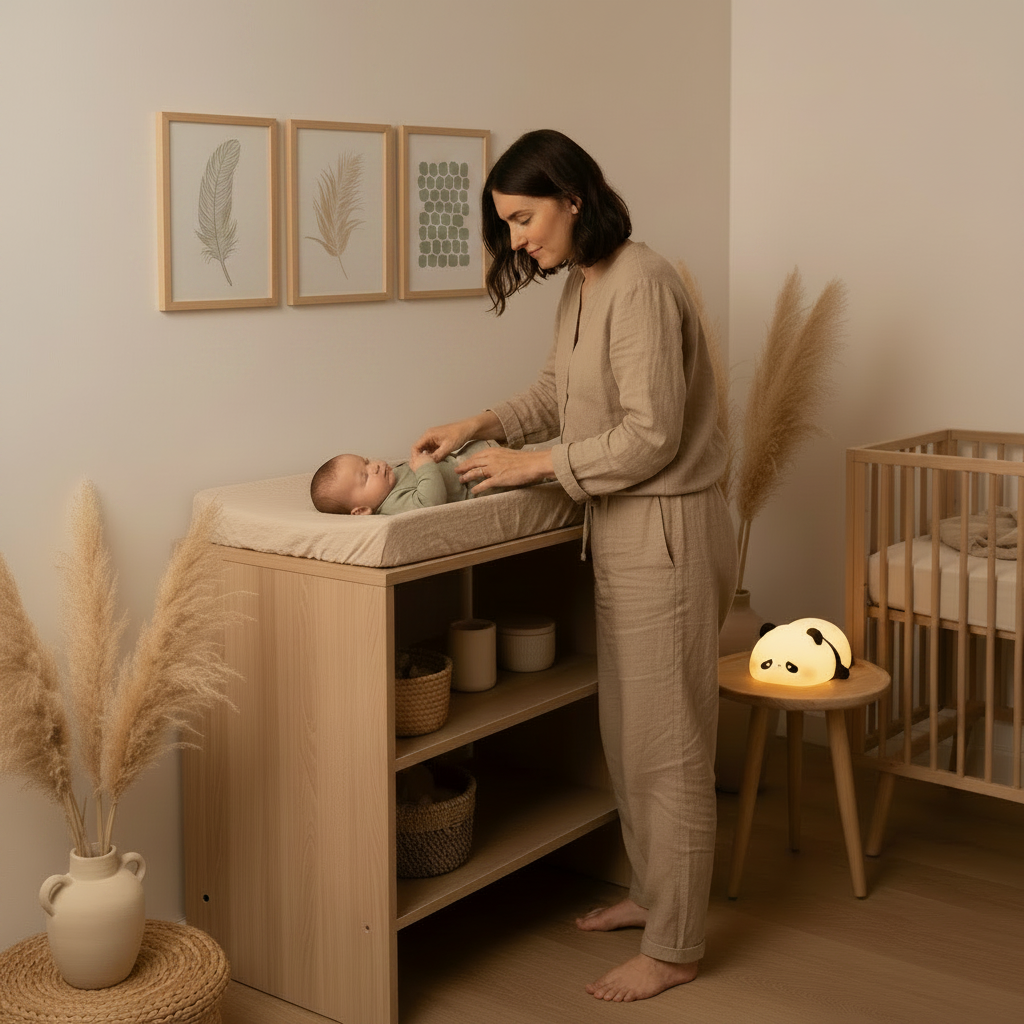 Veilleuse panda bébé intégrée dans la décoration d'une nursery moderne avec maman préparant le change sur une commode en bois.